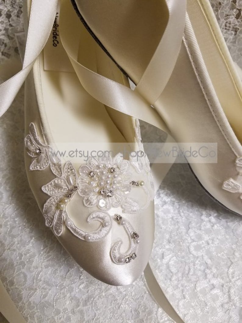 Vintage Wedding Shoes, Flats, Boots, Heels Brides White Wedding FlatsSatin OFF-WHITE Shoes Lace Applique with Pearls Lace Up Ribbon Ballet Style Slipper Comfortable Wedding Shoes $169.00 AT vintagedancer.com