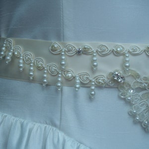 Bridal Gown Sash Ivory pearls and sequins applique,Victorian,Great Gatsby Style,Old Hollywood Fancy Belt, Pearl Drop Beading,Off White,Cream image 4