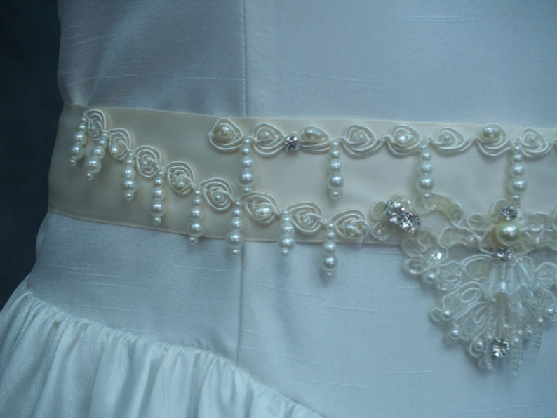 Bridal Gown Sash Ivory pearls and sequins applique,Victorian,Great Gatsby Style,Old Hollywood Fancy Belt, Pearl Drop Beading,Off White,Cream image 4