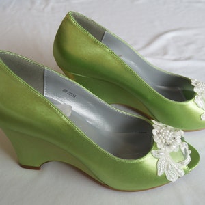 Wedge Shoes Apple Green w/ Lace Flower & Pearl Appliqué,Peep Toe Wedding Satin wedge Shoes,Prom green wedge shoes, Shoes Mother of the Bride image 2