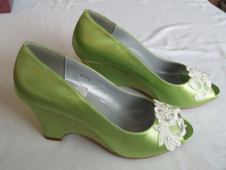 Wedge Shoes Apple Green w/ Lace Flower & Pearl Appliqué,Peep Toe Wedding Satin wedge Shoes,Prom green wedge shoes, Shoes Mother of the Bride image 2