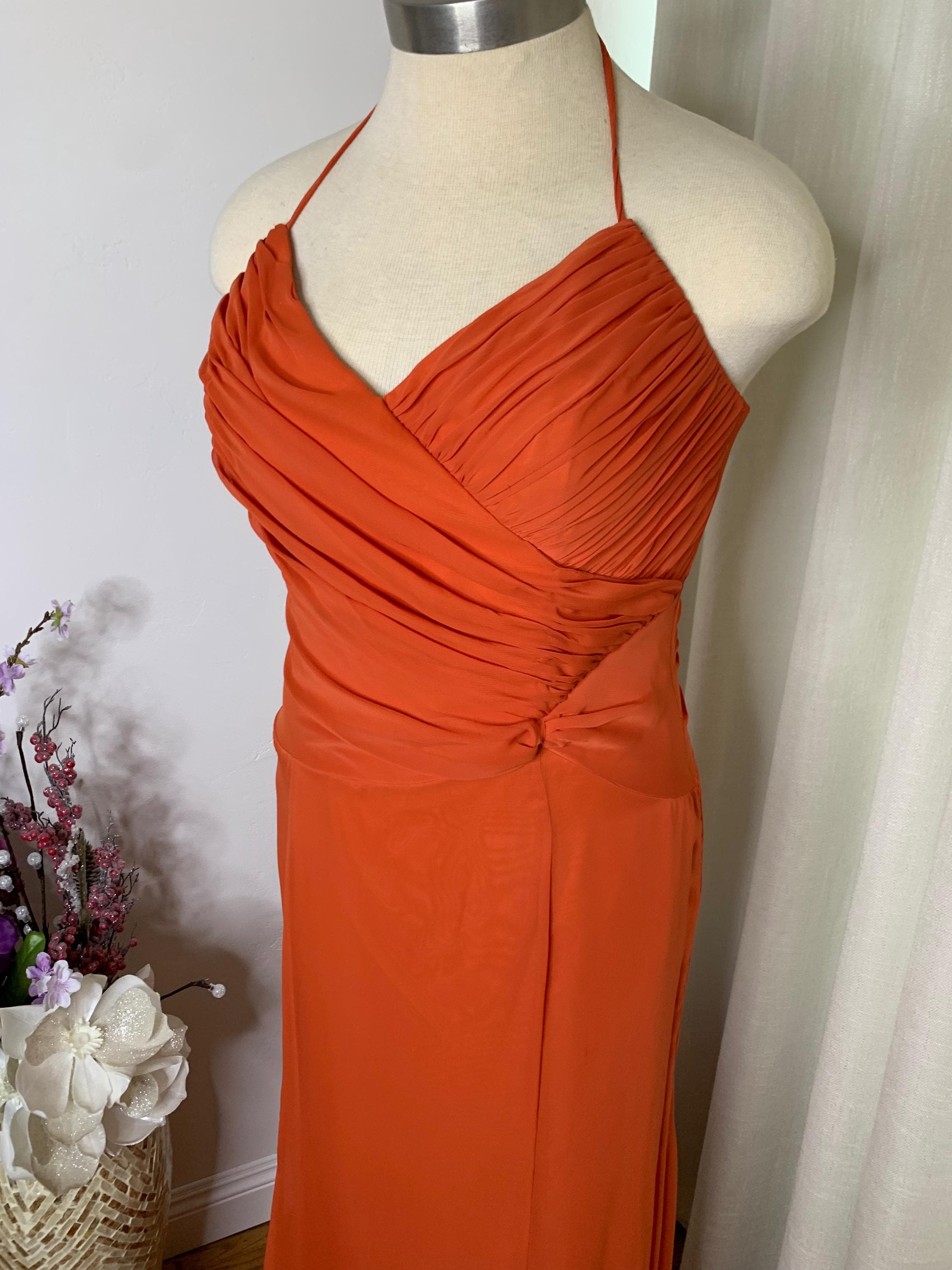 Vintage Burnt Orange Chiffon Gown: Fitted Formal Dress, Size 14