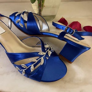 Royal Blue Low heel Shoes M & W width dyed to colors, Short block low Heel, Royal Blue Satin Open Toe Sandals with silver vines and crystals