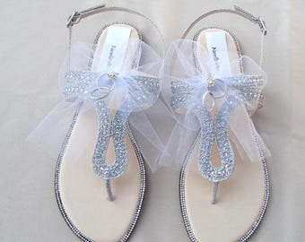 Brides Honeymoon Sandals Silver with wedding rings and tulle veil,Destination Wedding sandals, Bridal Shower Gift,Wedding Silver Sandals
