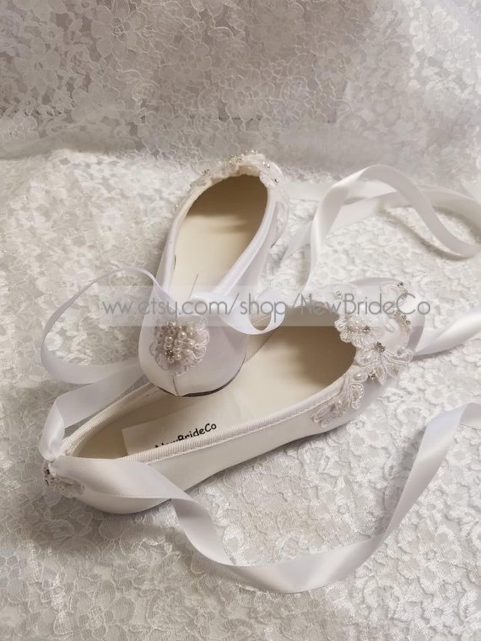 brides white wedding flats, satin ivory shoes, lace applique with pearls, lace up ribbon ballet style slipper, comfortable weddi