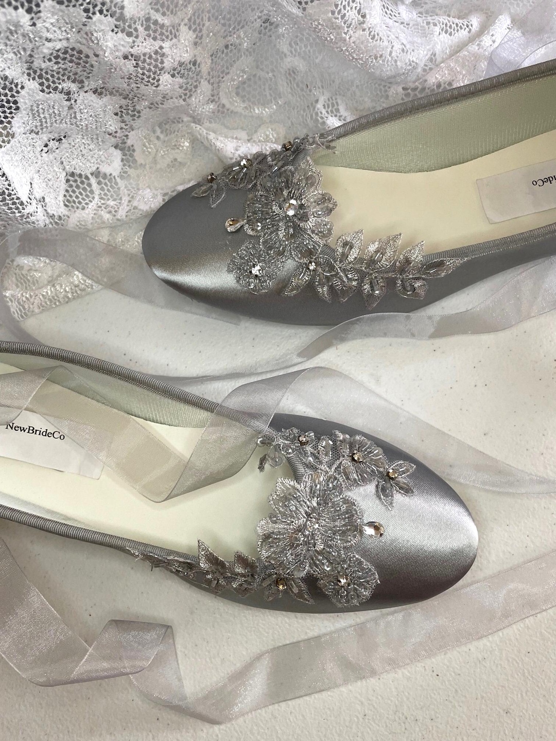 Silver Flats Ballerina Style Satin Shoes Beaded Lace Appliqu Crystals, Lace Up Ribbon Ballet Style Slipper, Comfortable Wedding Shoes