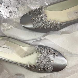 Silver Flats Ballerina style Satin shoes beaded Lace Appliqué Crystals, Lace Up Ribbon Ballet Style Slipper, Comfortable Wedding Shoes