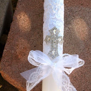 White Baptism Candle beautiful beaded lace Crystals cross, Christening, Presentation Ceremony Traditions, Girl
