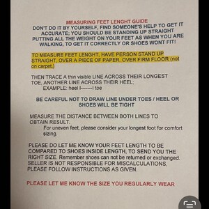 May include: A white informational document titled MEASURING FEET LENGHT GUIDE with black text instructions on how to measure feet for shoe sizing. It includes a highlighted yellow section and a diagram example showing a heel and toe line measurement.