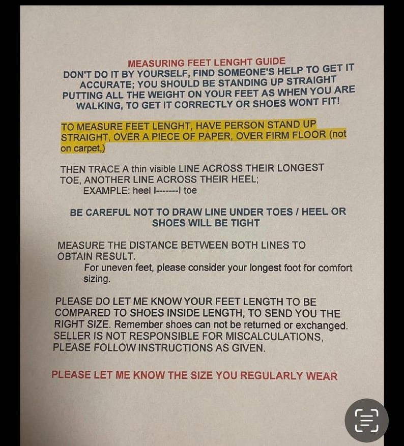 May include: A white informational document titled MEASURING FEET LENGHT GUIDE with black text instructions on how to measure feet for shoe sizing. It includes a highlighted yellow section and a diagram example showing a heel and toe line measurement.