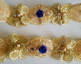 Wedding Garter Gold Royal Blue Set Handmade,Garter gold,Burlesque,Honeymoon,Wedding Night Accessory,Bachelorette, Gold, Gold Lace, Oro