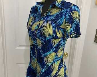 Vintage Abstract Blouse: Blue Green Pattern, Pleated Short Sleeve (S/M)