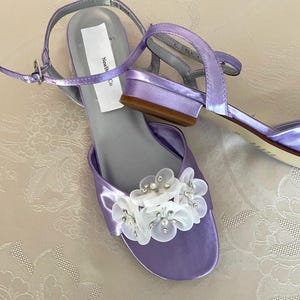 Lavender Wedding Wide Shoe low 1/2 inch heel flowers crystals,Short Heel Satin Open Toe Sandal Bling White Flowers, Many colors shoe style