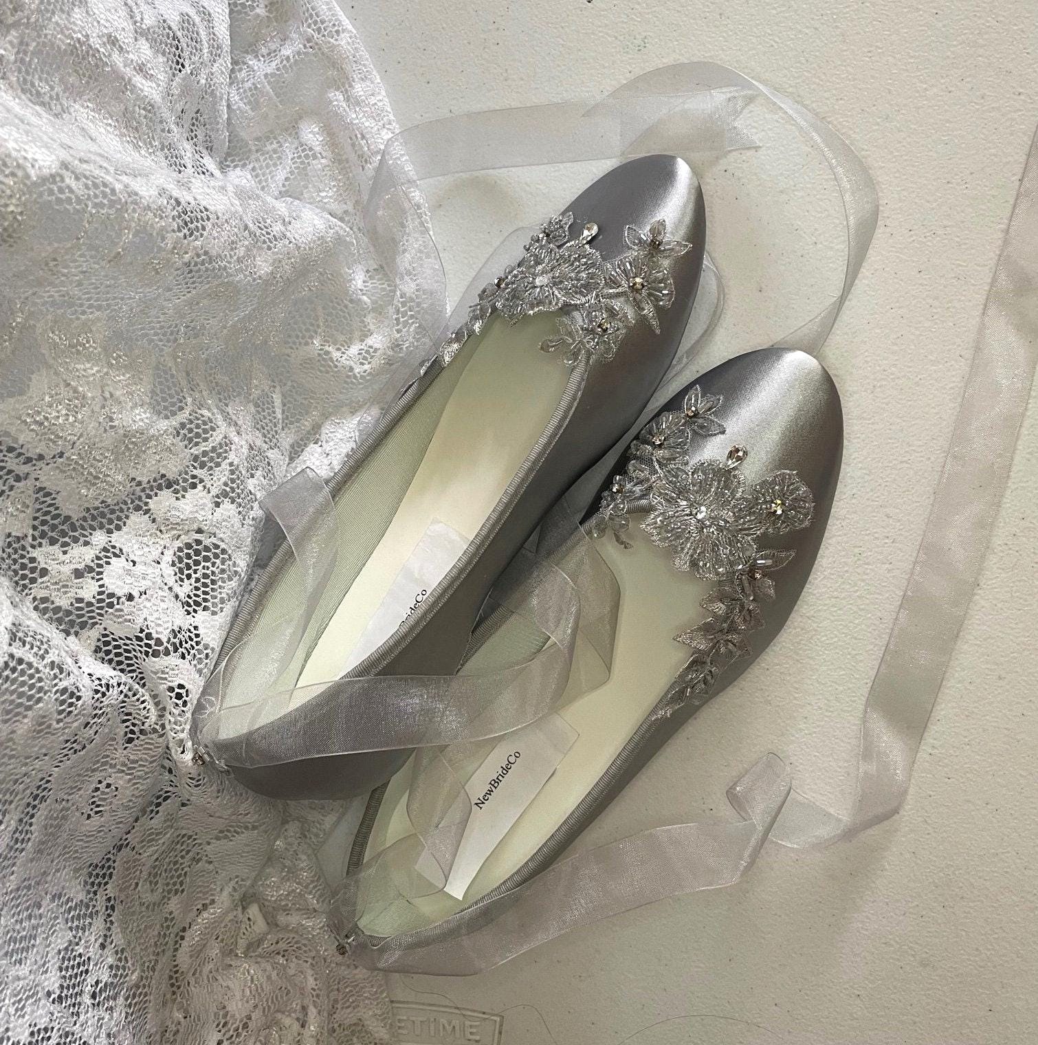 Silver Flats Ballerina Style Satin Shoes Beaded Lace Appliqu Crystals, Lace Up Ribbon Ballet Style Slipper, Comfortable Wedding Shoes