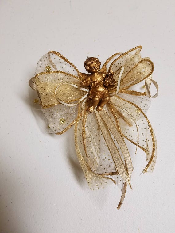 Golden Angel Hair Bow, Christmas Hair Bow Barrette golden Angel, Holiday Festive hair accessory, hair clip