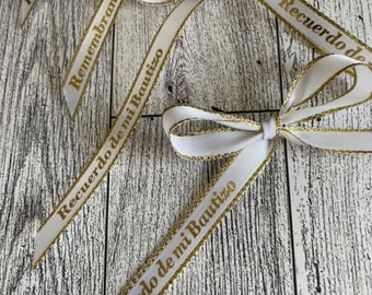 12 Christening party favor BOWS or ribbons white gold, Para Bautizo listones de recuerditos blancos con letras doradas,