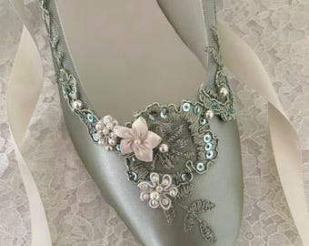 Sage Green Wedding shoes  Ballerinas style Lace & Crystal Satin Shoes