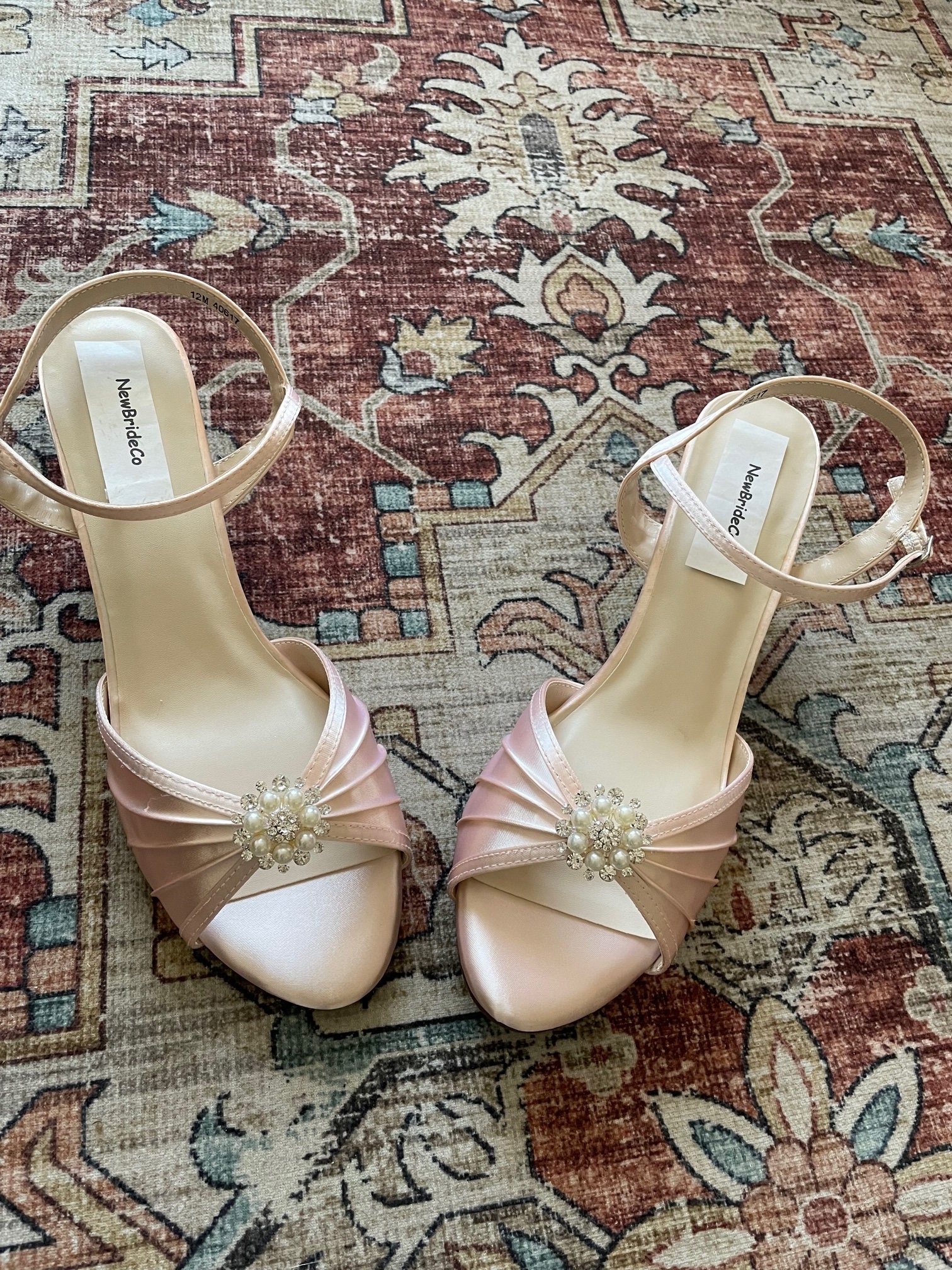 Blush Pink Low Heel Shoes 2'' M W and WW Width Adorned with Pearls and Crystals,Low Heel Open Toe Ankle Strap,Royal Blue Satin Low Heels,, image size:1512x2016