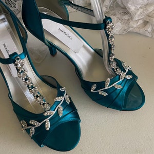 Blue Wedding Shoes Royal Blue with Silver Swarovski Crystals, peep toe, covered heel ankle strap, hand dyed satin, bling , satin heels Teal