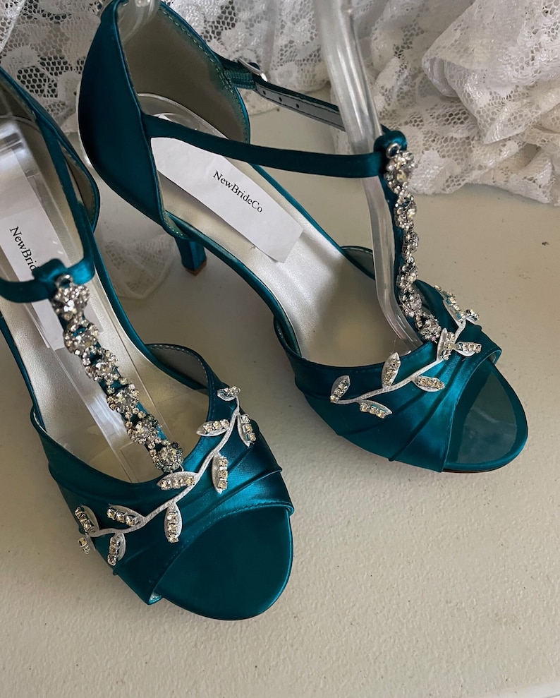 Blue Wedding Shoes Royal Blue with Silver Swarovski Crystals, peep toe, covered heel ankle strap, hand dyed satin, bling , satin heels Teal