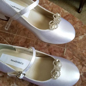 Girls Communion Shoes Crystals Bow brooch- White plus more colors shoes - flower girls shoes, low heel, Pageant Wear, First Dance