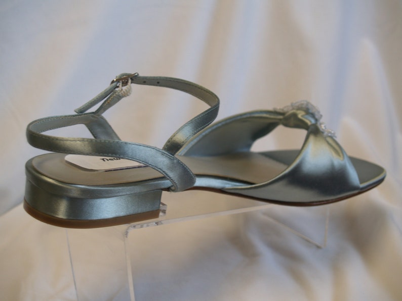 Size 10 Silver Satin Sandals w lace appliqué,Bridal Silver Sandals,Open Toe Very Low Heel for 25th Anniversary or Destination Ready to Ship image 5