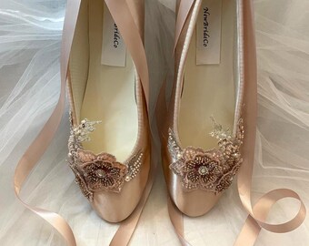 Rose Gold Ballerina Style Shoe, Rose Gold Flats With Beaded
