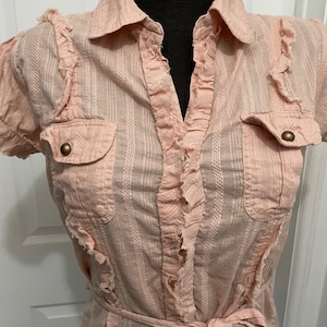Blush pink blouse cotton distressed trim with matching belt blouse size Large, comfortable long fitted cotton blouse with belt short sleeves