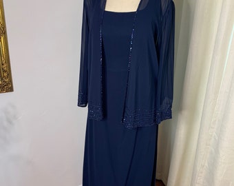 Navy Blue 2 Piece Formal Dress with Jacket Size 20, Vintage Caterina Mother of The Bride Outfit, Beaded Chiffon Jacket, Plus Size Navy Gown