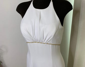 Vestido blanco con cuello alto y top halter, talla 2, vestido de novia de gasa, corte A, vestido de novia de los años 2000, cola larga extraíble, espalda baja