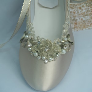 Brides Wedding Flats Champagne Gold hand dyed, Gold Rosette Flowers, Pearls & Crystals, Lace Up Ballet Style Slipper, Deco, Retro, 20s