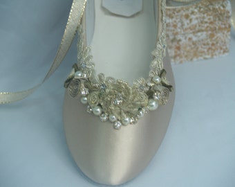 Brides Wedding Flats Champagne Gold hand dyed, Gold Rosette Flowers, Pearls & Crystals, Lace Up Ballet Style Slipper, Deco, Retro, 20s