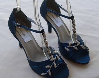 Size 9W NavyBlue Wedding Shoes with Silver Swarovski Crystals,covered heel ankle strap, hand dyed satin, bling , satin heels