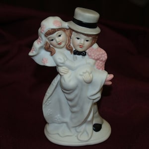 Vintage Wedding Cake Topper, Bride carried in Groom arms, Retro Ceramic Cake Topper, Pink Flowers, Grey Tuxedo w/ Tails & Top Hat, Deco
