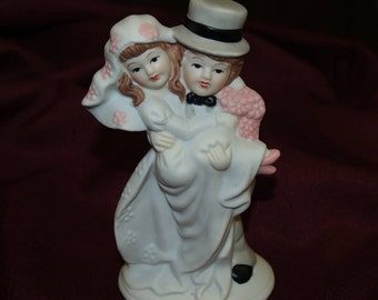 Vintage Wedding Cake Topper, Bride carried in Groom arms, Retro Ceramic Cake Topper, Pink Flowers, Grey Tuxedo w/ Tails & Top Hat, Deco