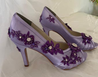 Purple Satin Peep Toe Heels: Jeweled Lace Wedding Shoes