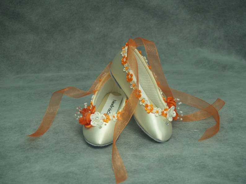 Ballet Style Slipper with orange flowers and a lace up ribbon Pageants Wedding Orange Flower Girl Wedding Flats Orange /& Ivory or White