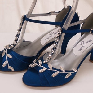 Blue Wedding Shoes Royal Blue with Silver Swarovski Crystals, peep toe, covered heel ankle strap, hand dyed satin, bling , satin heels Royal Blue