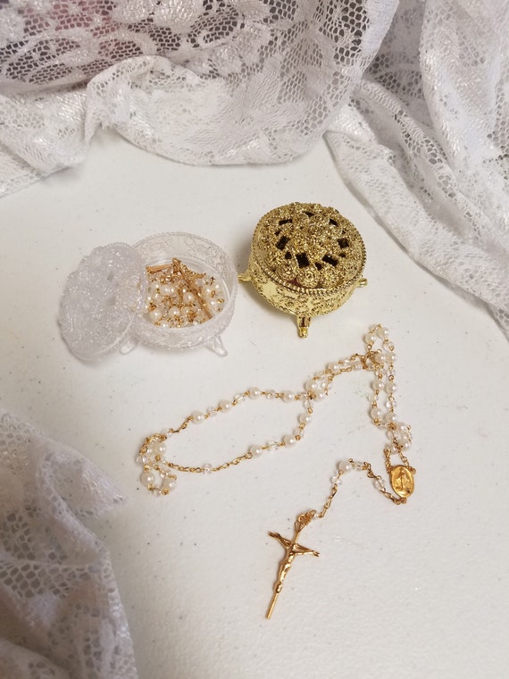 Baptism White/Gold Rosary beads, Communion Rosary 