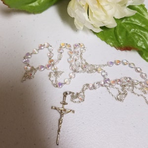 Baptism Rosary heart glass beads silver,Baptism Rosary beads,Brides Rosary beads,Catholic Gift,Vintage Gold Rosary beads