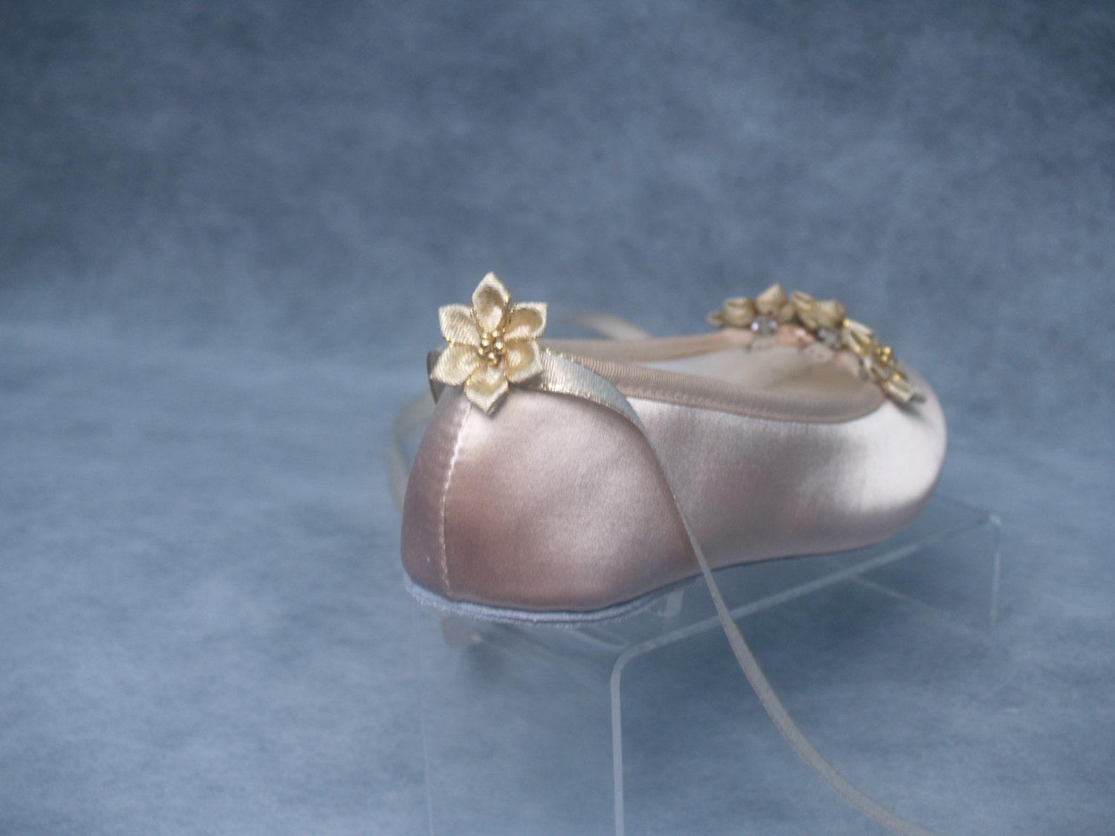 champagne wedding flats w 3 gold flowers,gold flowers, lace up ballet style slipper, 50th anniversary mob, comfort and beauty, g