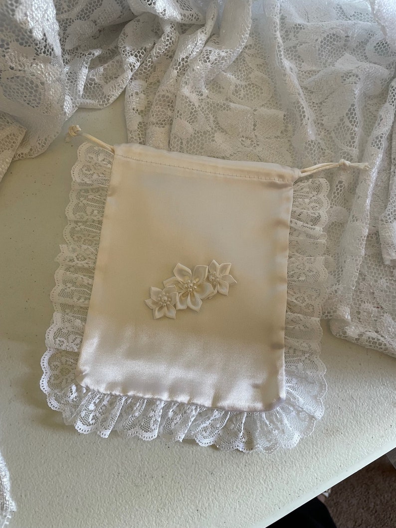 Wedding SMALL Money Dance Bag, Satin flowers lace drawstring closure, OFF-WHITE wedding purse, first communion, gift image 7