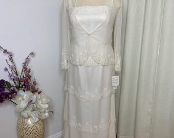 Vestido tubo color marfil con cuentas y capas, con chaqueta de mangas acampanadas a juego, talla XXL 16, vestido de novia vintage, vestido de aniversario, vestido de novia de boda.