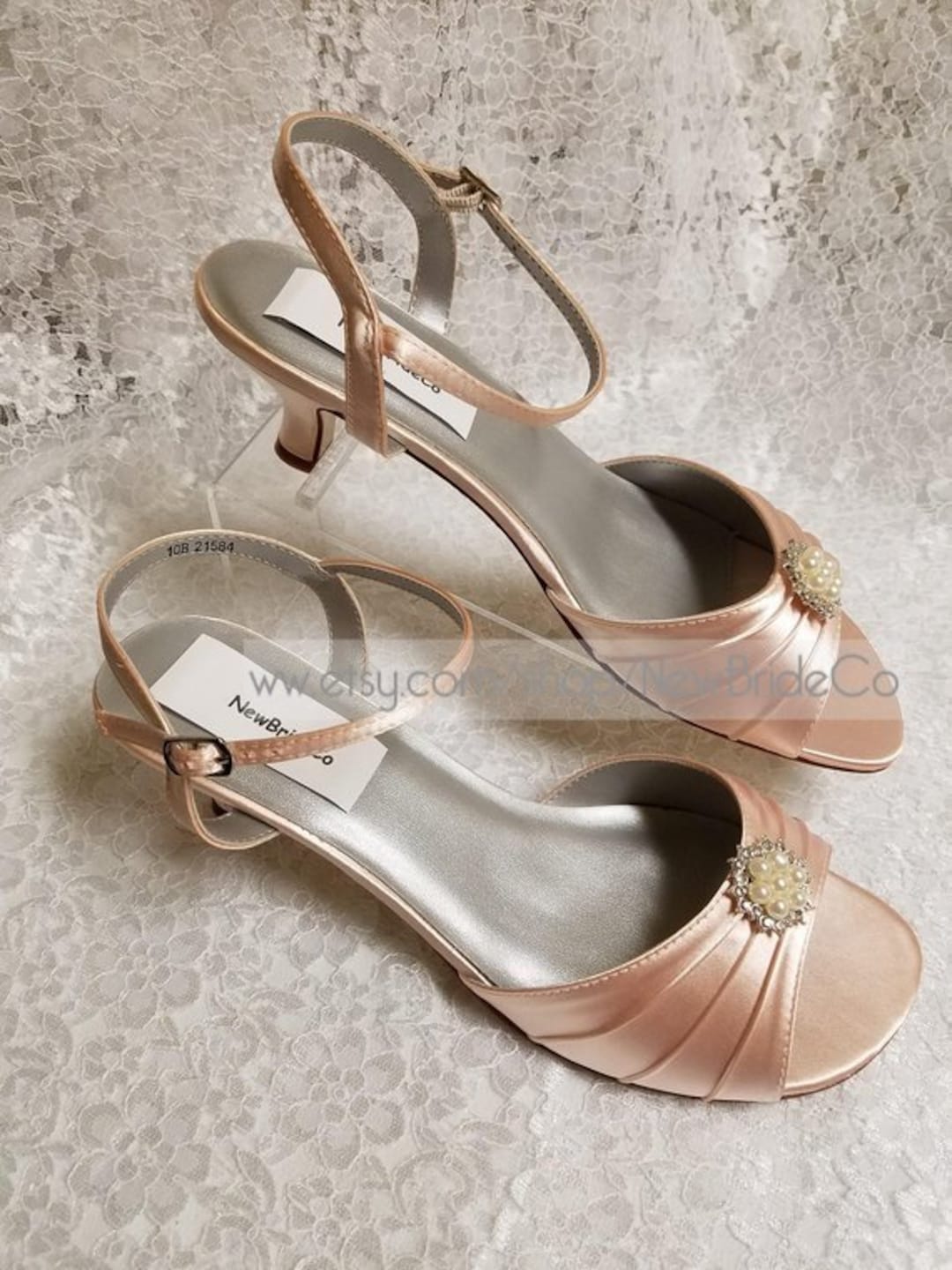 BLUSH PINK Wedding Shoes 3/4'' Heel Lace PEARLS and Crystals,low