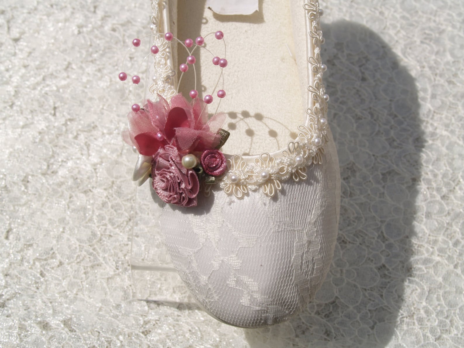 size 5 wedding ivory flats vegan rose shoes ready to ship embellished w pearls gimp edge,gorgeous victorian style ballet slipper