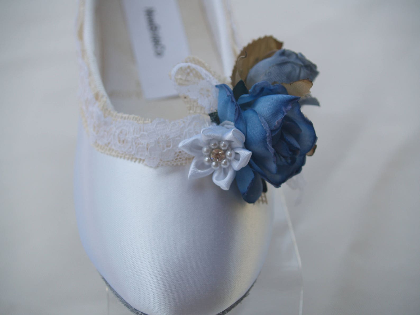 wedding flats blue flowers and burlap edging, ivory or white satin shoes, something blue wedding flats, lace up ribbon, ballet s