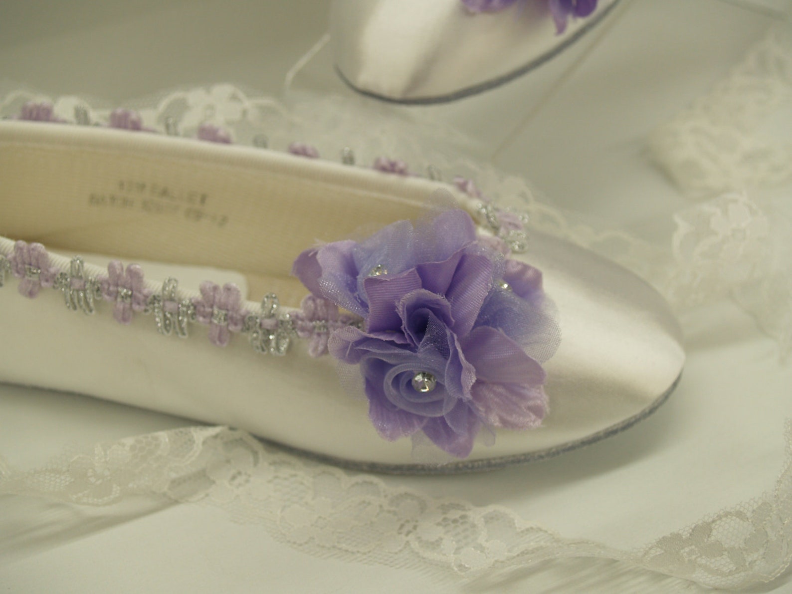 size 12 flower girls ballet style slippers white w purple flower w silver accents ready to ship,lace up ribbon ballet slipper,be