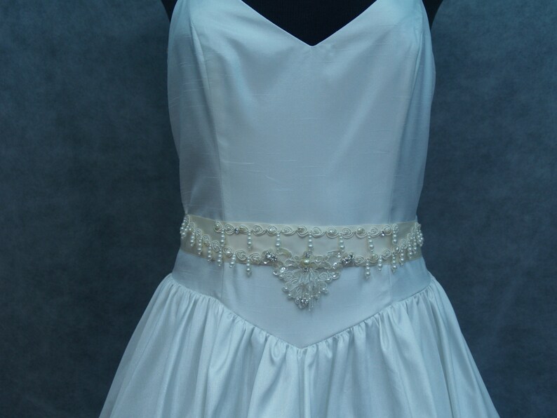 Bridal Gown Sash Ivory pearls and sequins applique,Victorian,Great Gatsby Style,Old Hollywood Fancy Belt, Pearl Drop Beading,Off White,Cream image 2