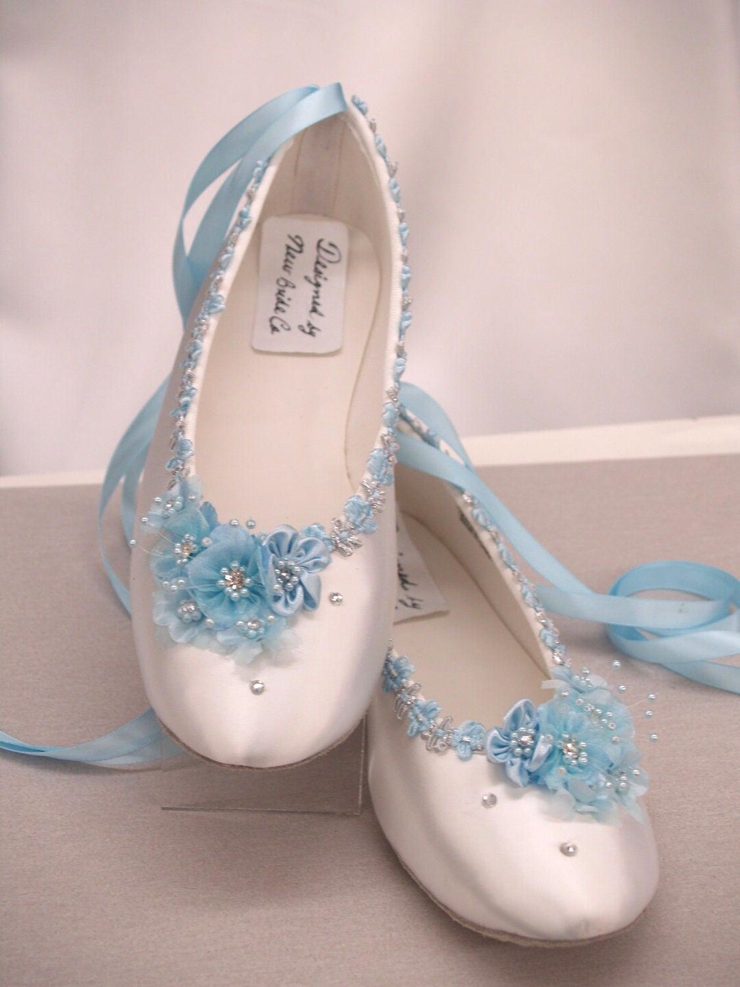 White Blue Wedding Flats Satin Shoes, Blue Flowers Bride Lace up Flat ...