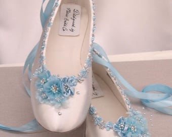 White Blue Wedding Flats Satin Shoes, Blue Flowers Bride Lace up Flat Shoe, Something Blue Wedding FLATS, White Blue Flowers Lace Up Slipper